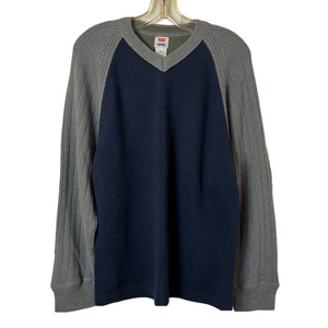 Vintage LEVI’s Y2K Raglan 100% Cotton V-Neck Long Sleeve Navy Grey Sweater Men M